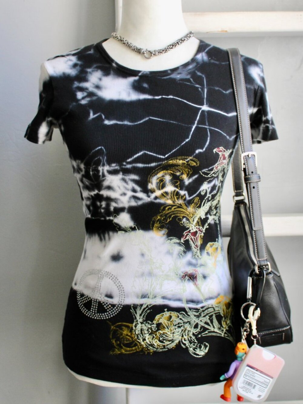 Vintage Y2K Sledge USA Embellished Graphic Tie Dye Black Sz Small Baby Tee - Picture 9 of 9